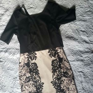 Shift style dress, top black, bottom floral